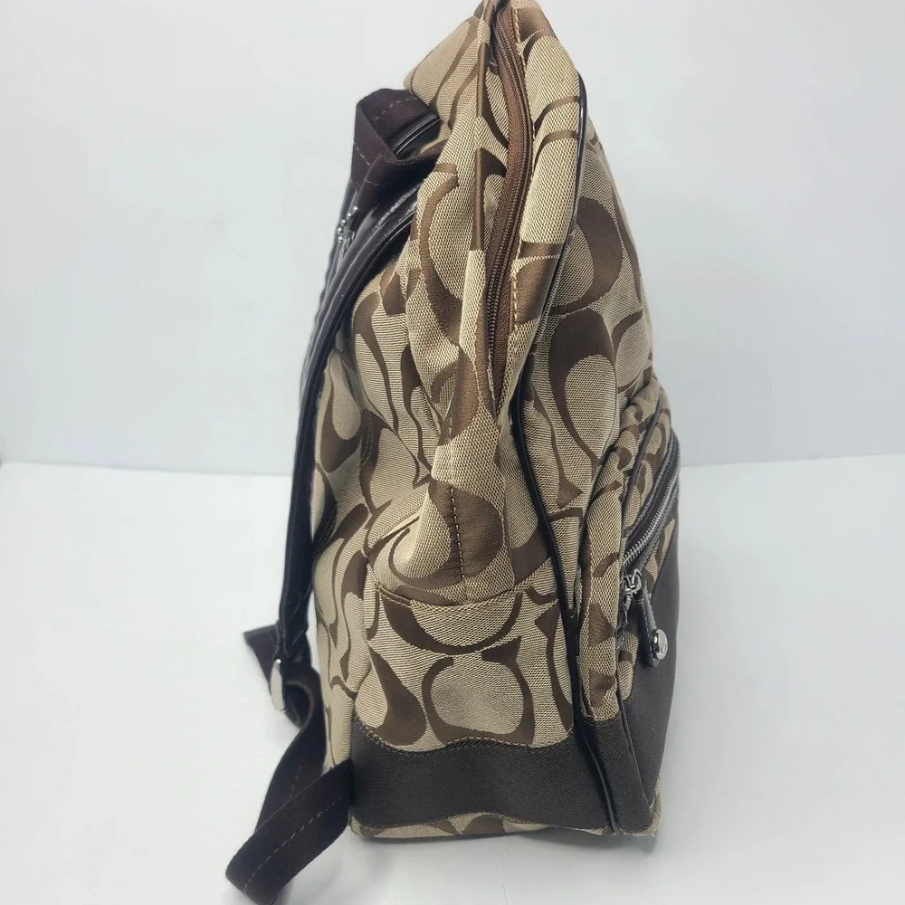 Coach Signature Logo Jaqaurd Fabric Tan And Brown‎ Stripe Backpack
